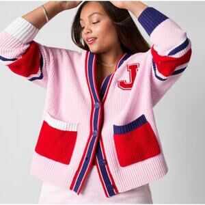 Johnny Wujek Women's Juniors Plus V-neck L/S Cardigan Letterman Sweater